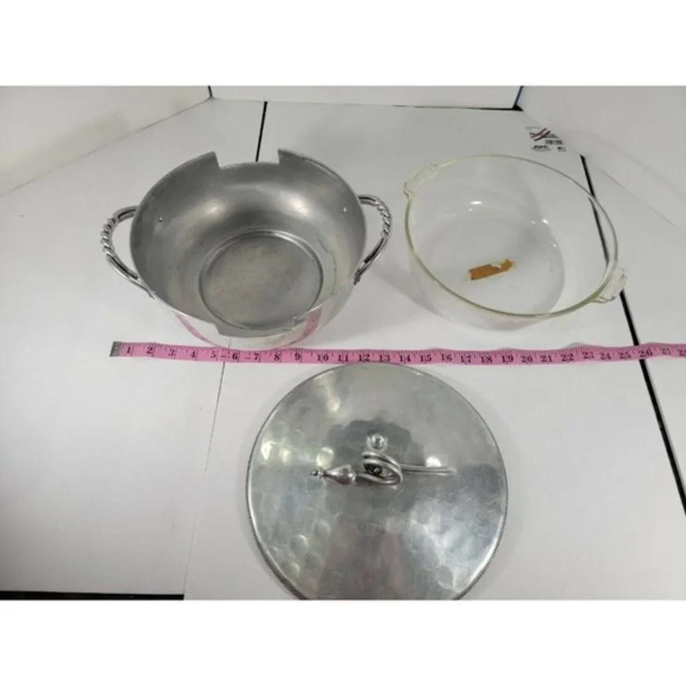 1950s Hand Hammered‎ Aluminum Casserole Server with Pyrex Bowl Glass Insert